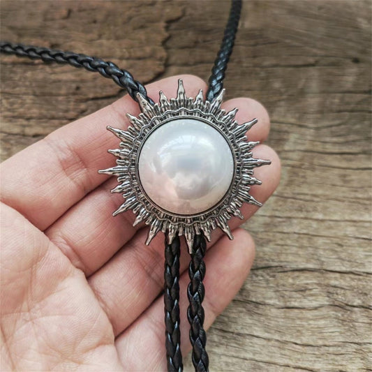 Pearl Sun Bolo Tie: Western Cowboy Necklace, PU Leather