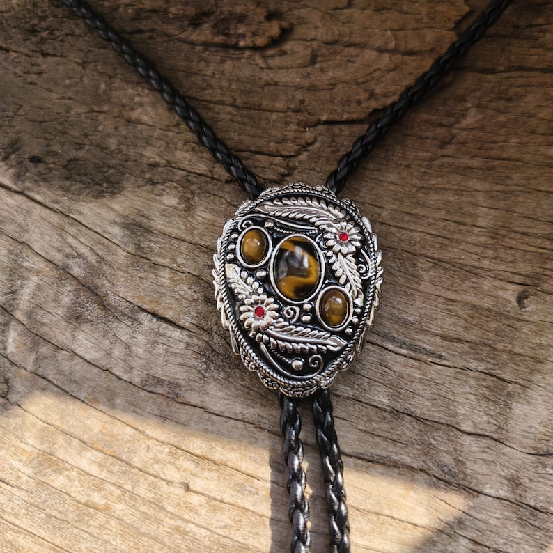3 Tigers Eye Stone & Ruby Flower Bolo Tie