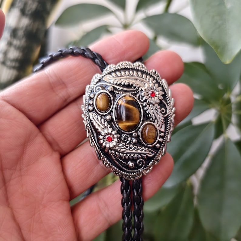 3 Tigers Eye Stone & Ruby Flower Bolo Tie