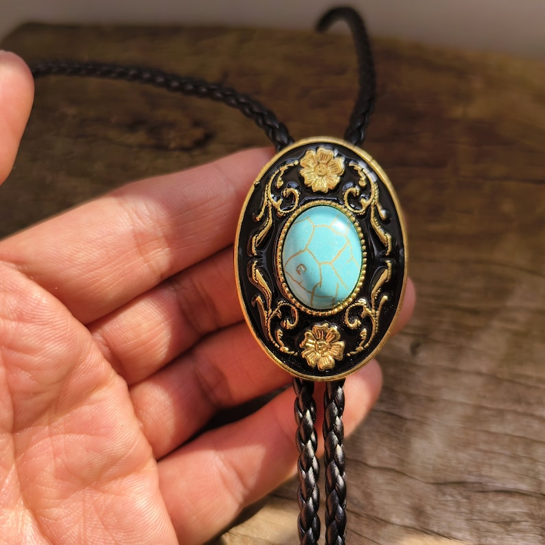 Golden Flower Turquoise Bola Bolo Tie