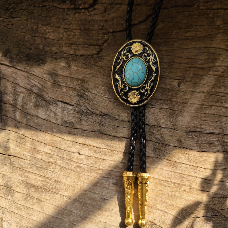 Golden Flower Turquoise Bola Bolo Tie