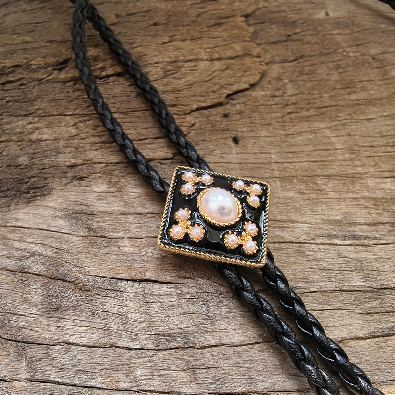Cross Pearl Flower Bola Bolo Tie