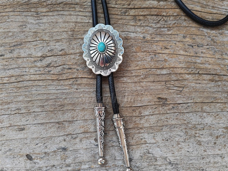 Silver Flower Turquoise Bolo Tie: Western Cowboy Necktie