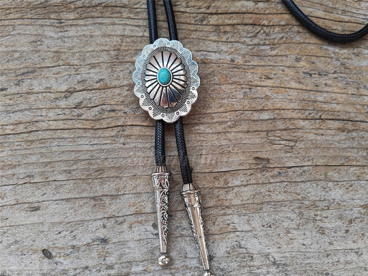 Silver Flower Turquoise Bolo Tie: Western Cowboy Necktie