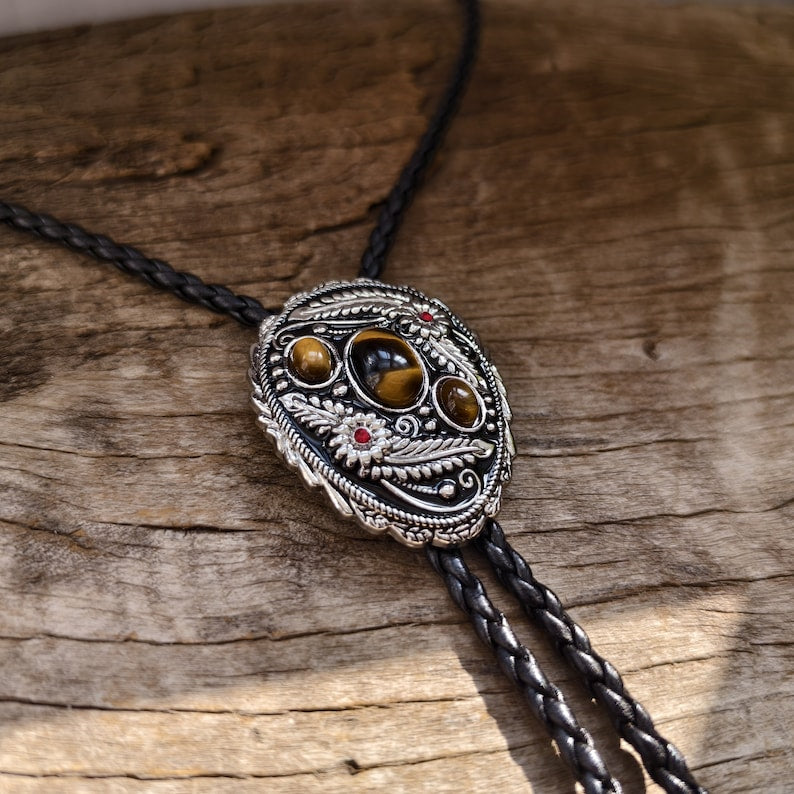 3 Tigers Eye Stone & Ruby Flower Bolo Tie