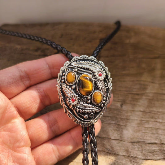 3 Tigers Eye Stone & Ruby Flower Bolo Tie