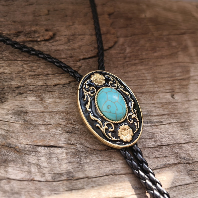 Golden Flower Turquoise Bola Bolo Tie
