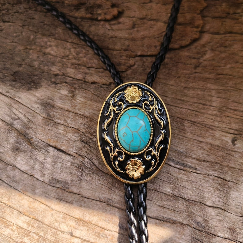 Golden Flower Turquoise Bola Bolo Tie
