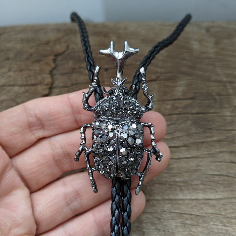 Rhinestone Rhinoceros Beetle Bolo Tie: Western Cowboy Necklace