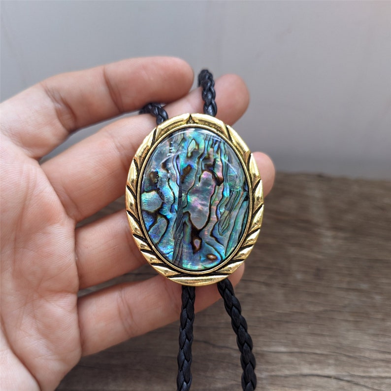 Abalone Shell Bolo Tie: Golden Mount Western Cowboy Necklace
