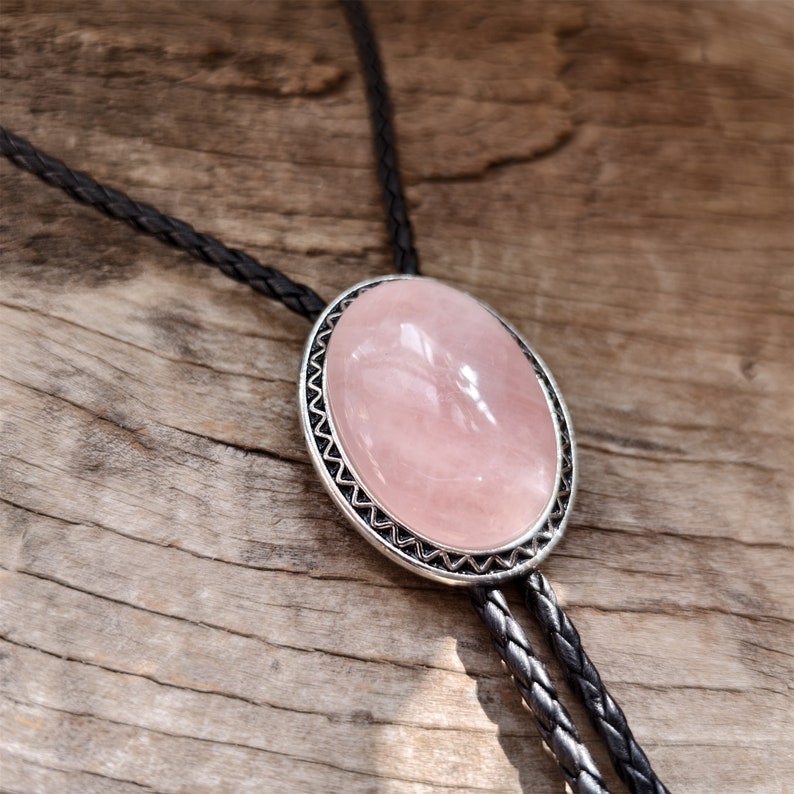 Pink Crystal Bolo Tie: Stainless Steel Western Necklace, PU Leather Cord
