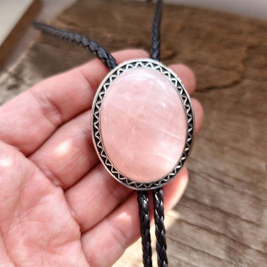 Pink Crystal Bolo Tie: Stainless Steel Western Necklace, PU Leather Cord