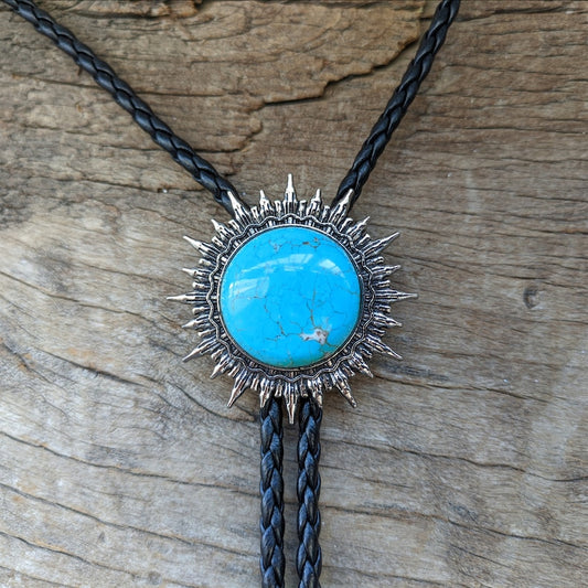 Turquoise Sun Bolo Tie: Silver-Plated Western Cowboy Necktie