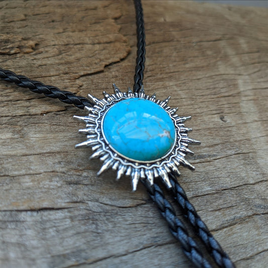 Turquoise Sun Bolo Tie: Silver-Plated Western Cowboy Necktie