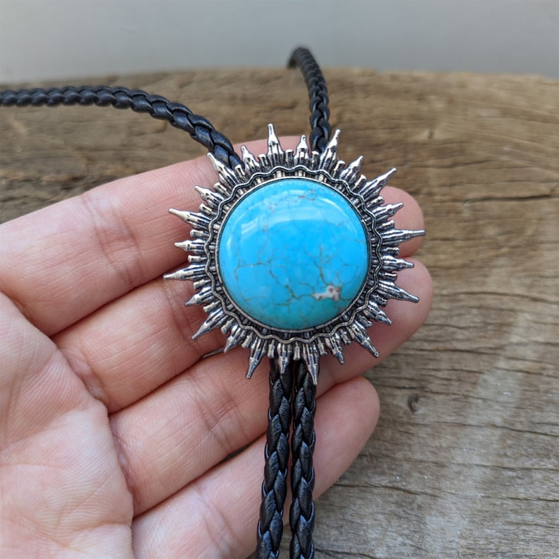 Turquoise Sun Bolo Tie: Silver-Plated Western Cowboy Necktie