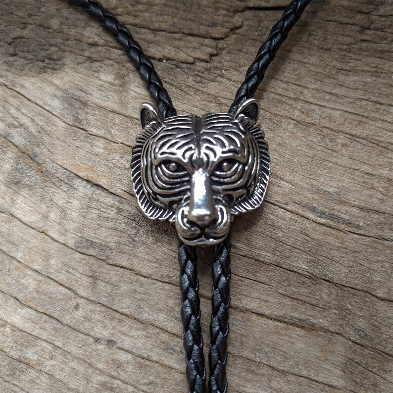 Silver Tiger Head Bolo Tie: Western Cowboy Necklace