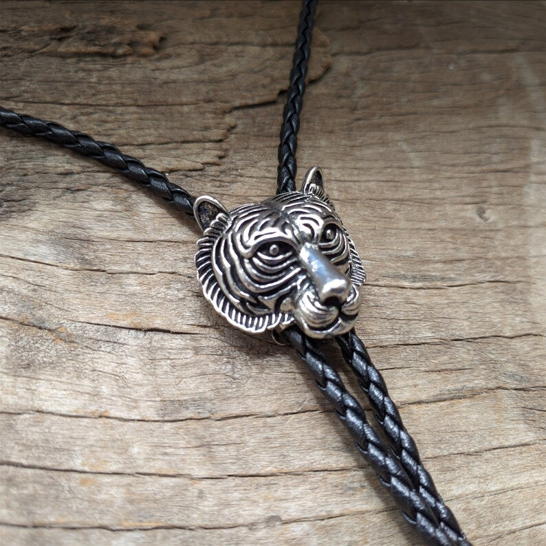 Silver Tiger Head Bolo Tie: Western Cowboy Necklace