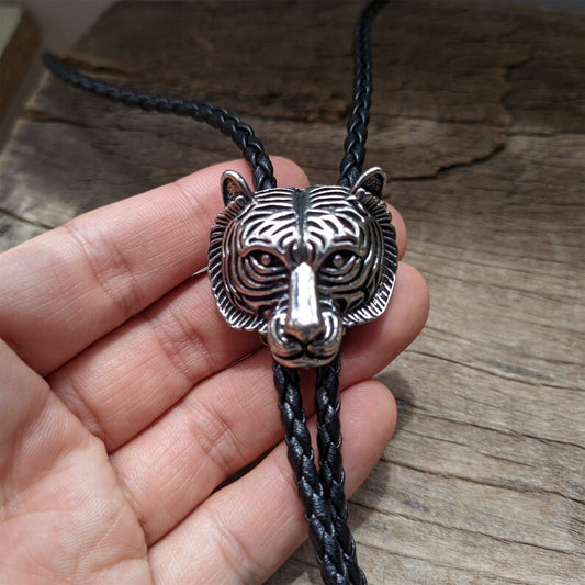 Silver Tiger Head Bolo Tie: Western Cowboy Necklace