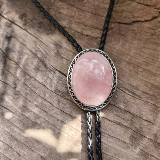 Pink Crystal Bolo Tie: Stainless Steel Western Necklace, PU Leather Cord