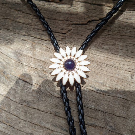 White Flower Agate Bolo Tie: Western Cowboy Faux Leather Necktie