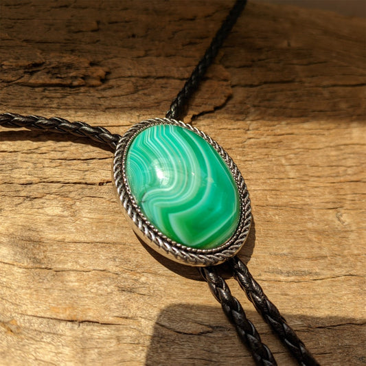 Green Agate Bolo Tie: Silver-Plated Western Cowboy Necktie