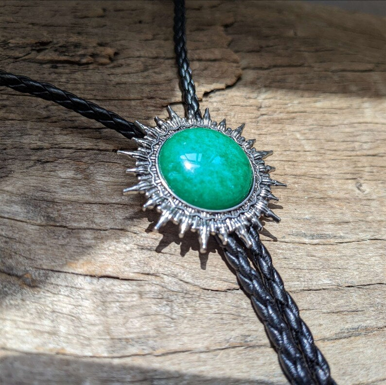 Green Jade Sun Bolo Tie: Western Cowboy Necklace, PU Leather