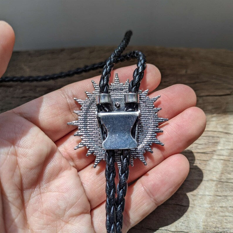 Green Jade Sun Bolo Tie: Western Cowboy Necklace, PU Leather