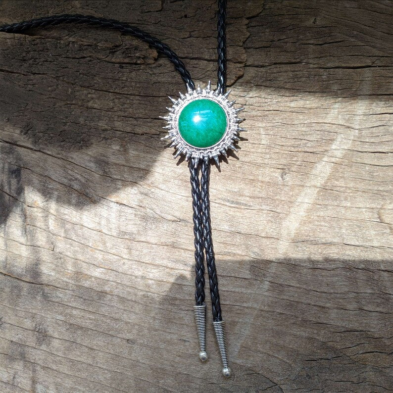 Green Jade Sun Bolo Tie: Western Cowboy Necklace, PU Leather