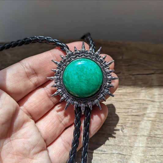 Green Jade Sun Bolo Tie: Western Cowboy Necklace, PU Leather