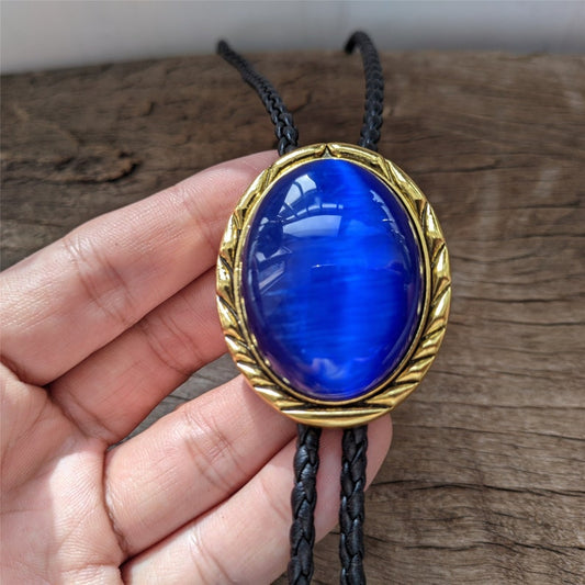 Blue Cat-eye Stone Bolo Tie: Gold Western Cowboy Necklace