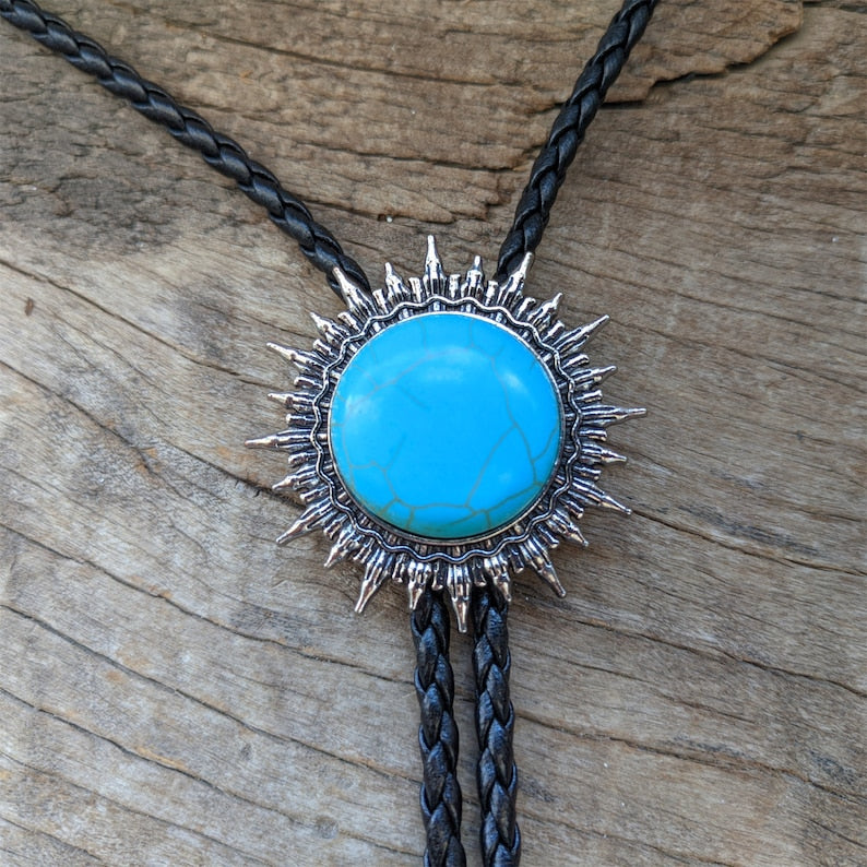 Turquoise Sun Bolo Tie: Silver-Plated Western Cowboy Necktie