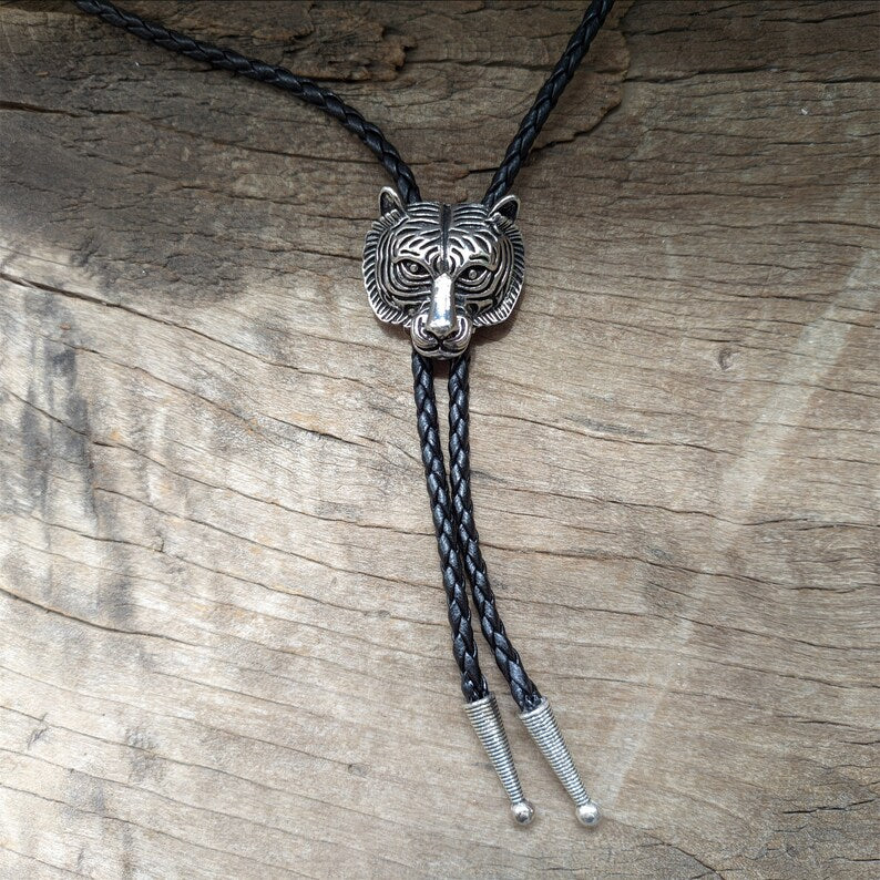 Silver Tiger Head Bolo Tie: Western Cowboy Necklace