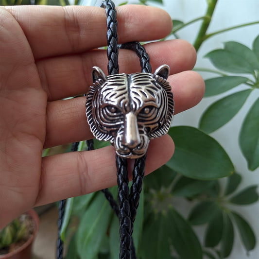 Silver Tiger Head Bolo Tie: Western Cowboy Necklace