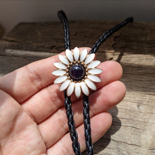White Flower Agate Bolo Tie: Western Cowboy Faux Leather Necktie