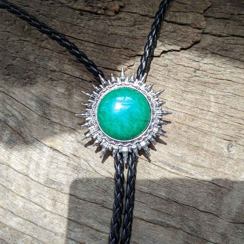 Green Jade Sun Bolo Tie: Western Cowboy Necklace, PU Leather