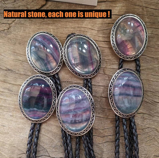 Rainbow Fluorite Bolo Tie: Western Cowboy Necklace, PU Leather