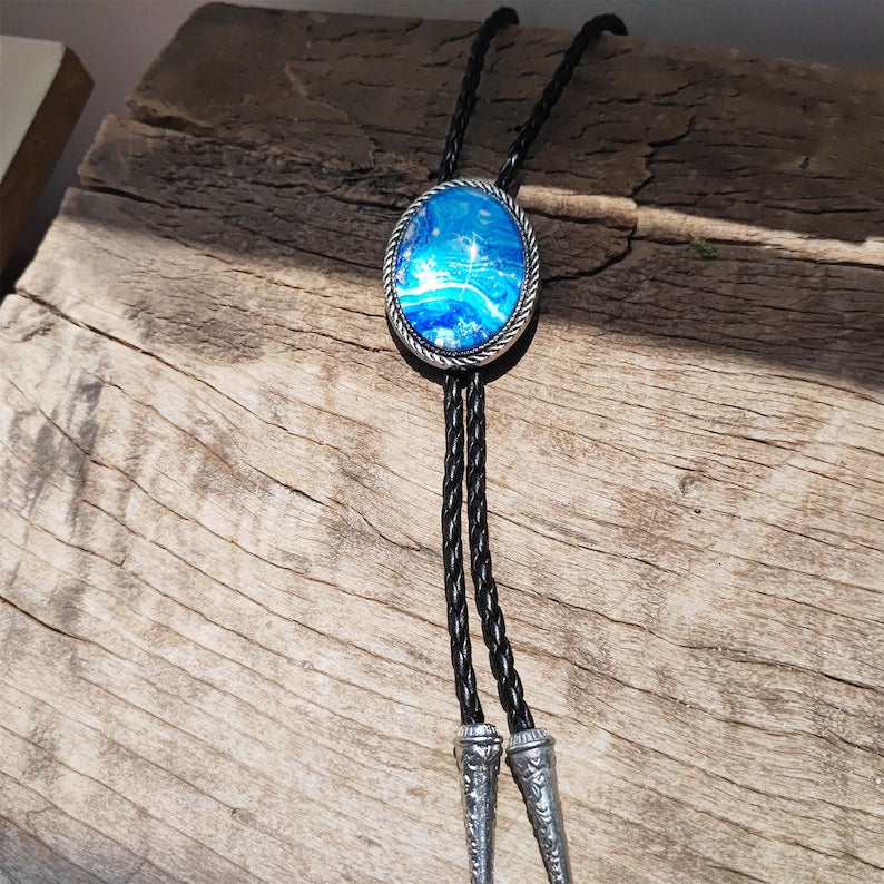 Blue Starry Moon Bolo Tie: Silver-Plated Western Cowboy Necktie