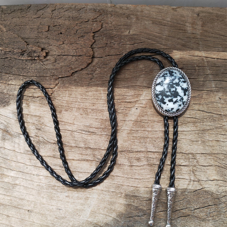 Black Spot Agate Bolo Tie: Western Cowboy Silver