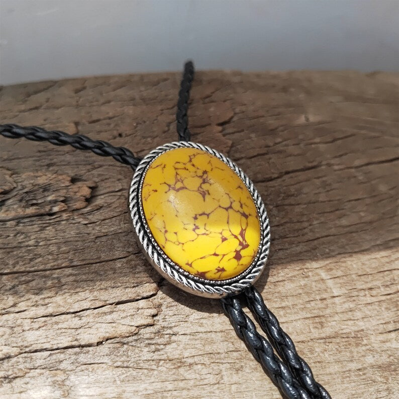 Yellow Turquoise Bolo Tie: Western Cowboy Silver-Plated Necklace