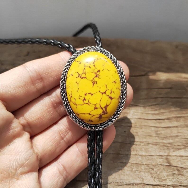 Yellow Turquoise Bolo Tie: Western Cowboy Silver-Plated Necklace