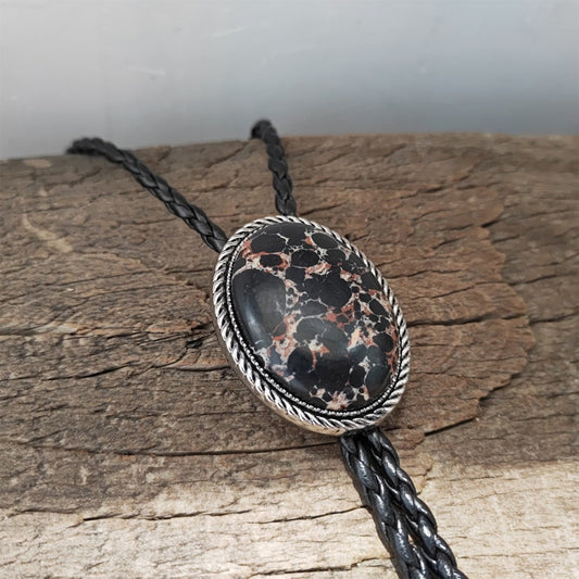 Black Spot Agate Bolo Tie: Western Cowboy Silver-Plated Necklace