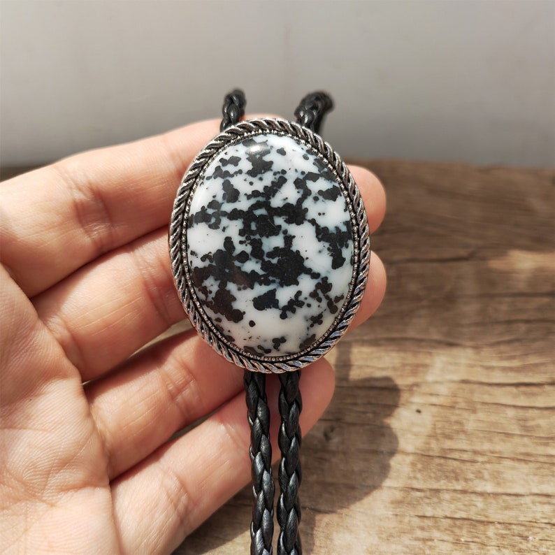 Black Spot Agate Bolo Tie: Western Cowboy Silver