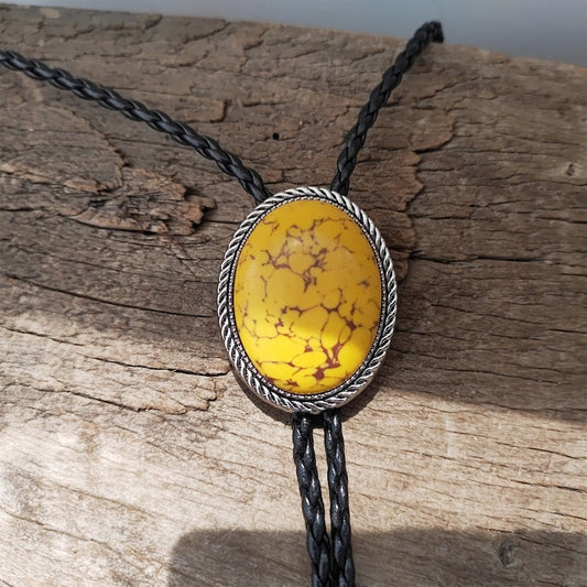 Yellow Turquoise Bolo Tie: Western Cowboy Silver-Plated Necklace