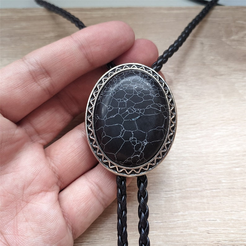 Giant Black Granite Bola Bolo Tie