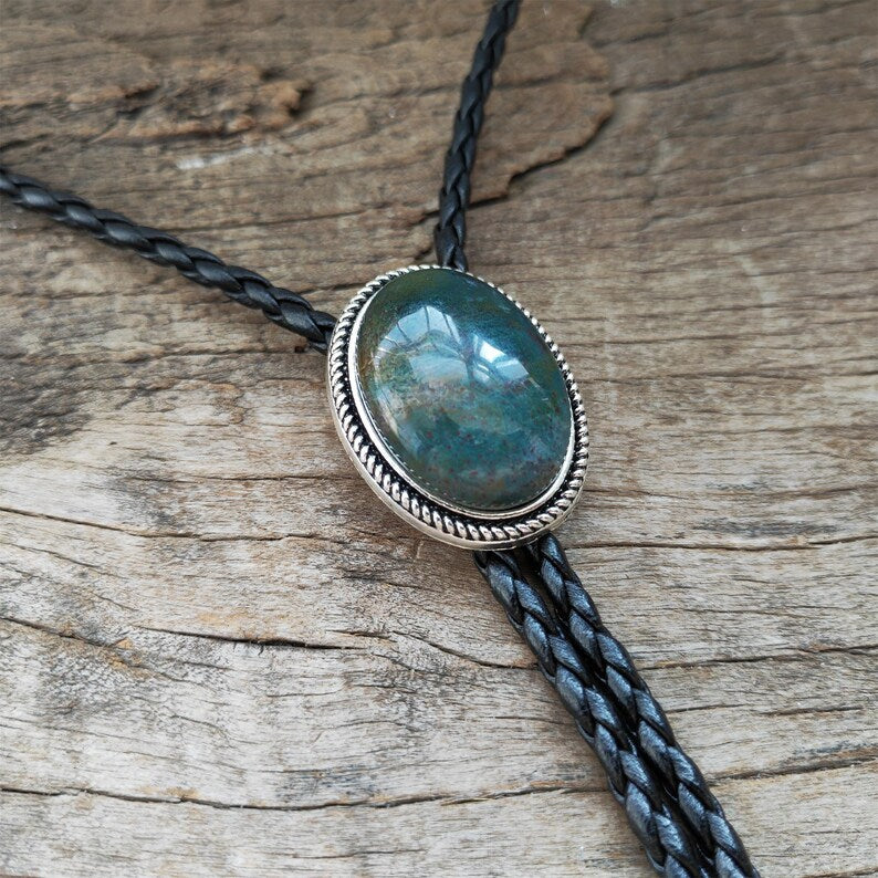 Green Jade Bolo Tie: Silver-Plated Western Cowboy Necktie
