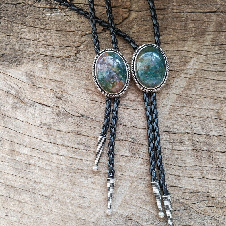 Green Jade Bolo Tie: Silver-Plated Western Cowboy Necktie