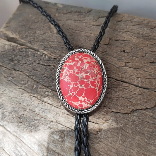 Red Crazy Jasper Bolo Tie: Western Cowboy PU Leather Necklace