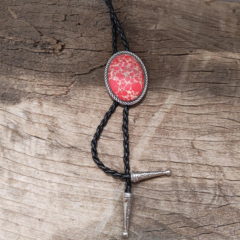 Red Crazy Jasper Bolo Tie: Western Cowboy PU Leather Necklace
