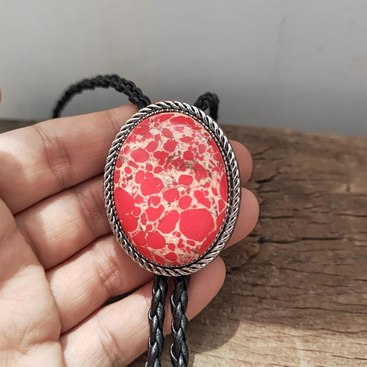 Red Crazy Jasper Bolo Tie: Western Cowboy PU Leather Necklace