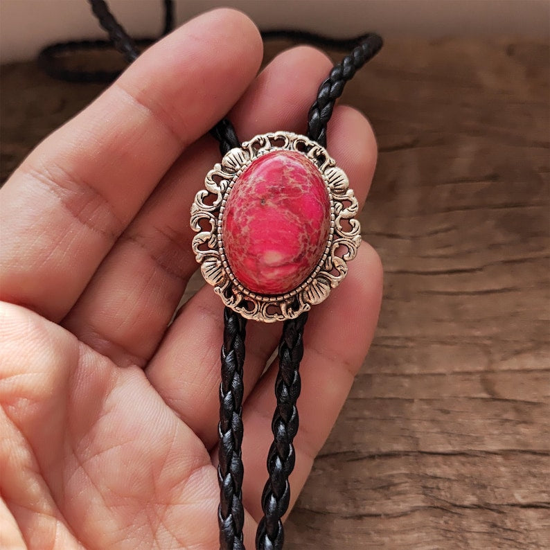 Red Agate Bolo Tie: Western Cowboy Necklace, PU Leather Cord